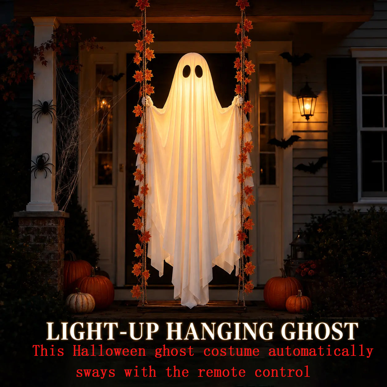 LED Light-Up Swinging Ghost Halloween Decoration with Maple Leaf Garland & Remote Control, Hanging Outdoor Decor for Yd, Porch & Party, Halloween Decorations Outdoor, Party Lighting Decoration