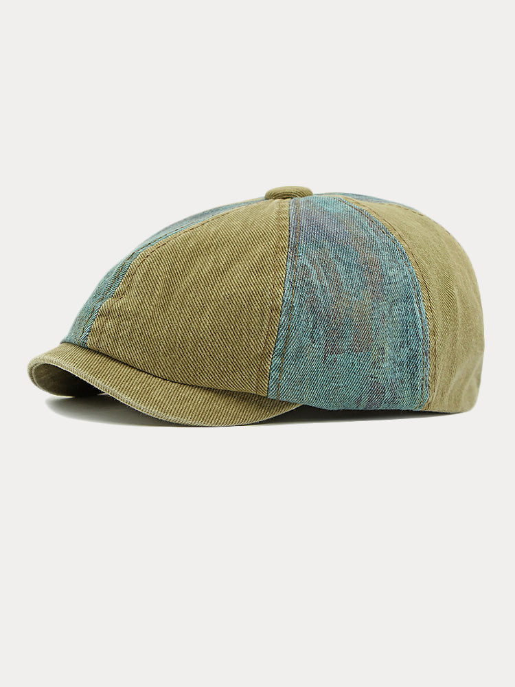 Zweifarbige Patchwork Newsboy-Mütze aus gewaschener Baumwolle