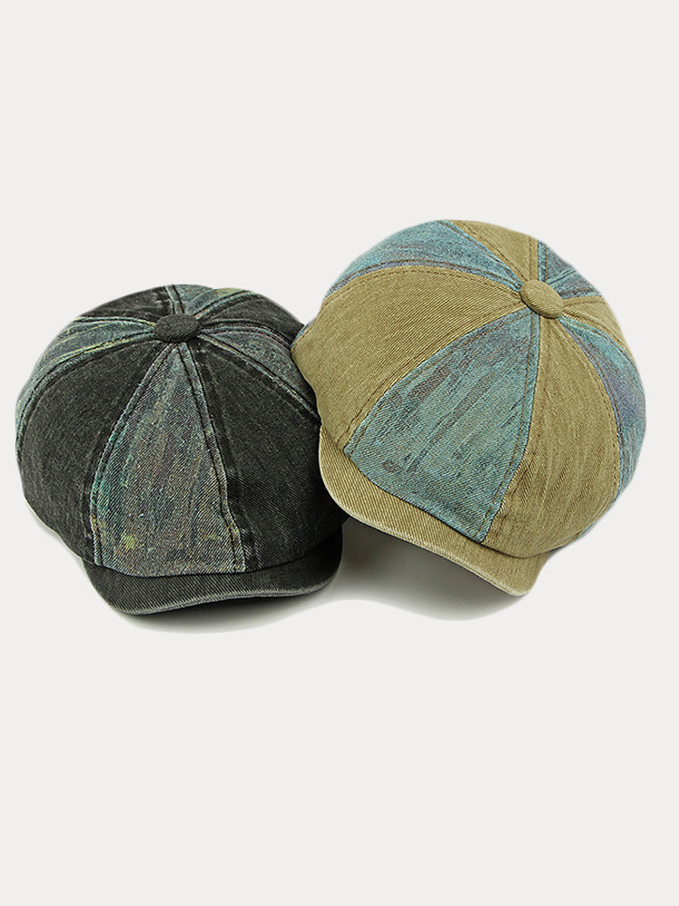 Zweifarbige Patchwork Newsboy-Mütze aus gewaschener Baumwolle