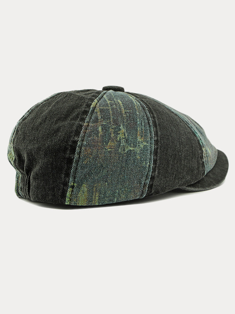 Zweifarbige Patchwork Newsboy-Mütze aus gewaschener Baumwolle