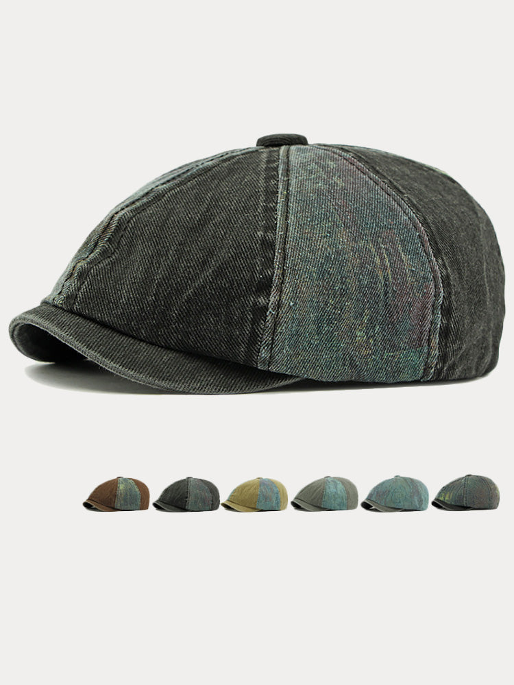Zweifarbige Patchwork Newsboy-Mütze aus gewaschener Baumwolle