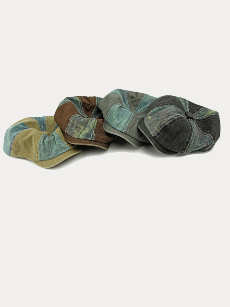 Zweifarbige Patchwork Newsboy-Mütze aus gewaschener Baumwolle