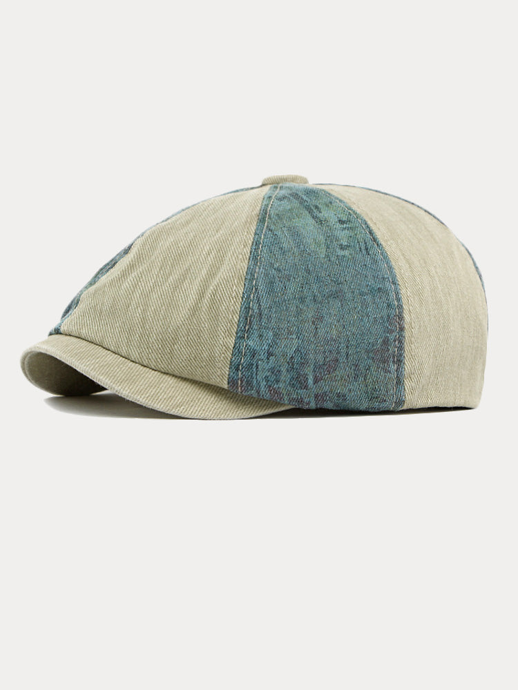 Zweifarbige Patchwork Newsboy-Mütze aus gewaschener Baumwolle