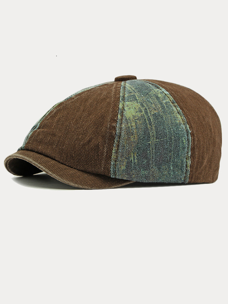 Zweifarbige Patchwork Newsboy-Mütze aus gewaschener Baumwolle