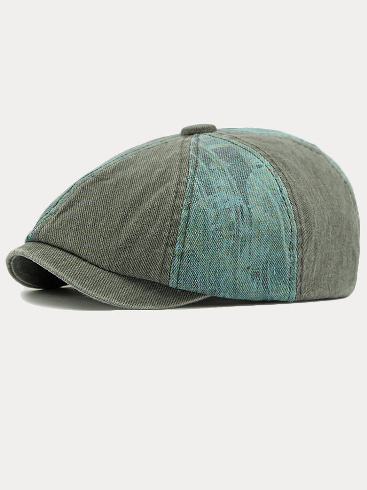 Zweifarbige Patchwork Newsboy-Mütze aus gewaschener Baumwolle