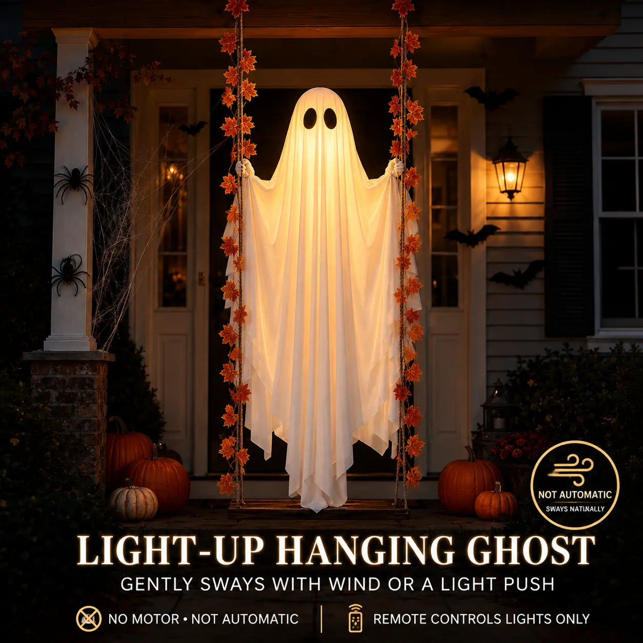 LED Light-Up Swinging Ghost Halloween Decoration with Maple Leaf Garland & Remote Control, Hanging Outdoor Decor for Yd, Porch & Party, Halloween Decorations Outdoor, Party Lighting Decoration